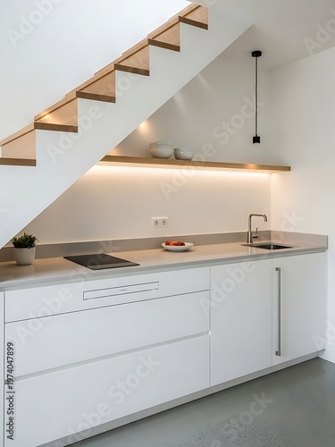 Minimalist Kitchen Under Staircase Design With Recessed Lighting Fixtures
