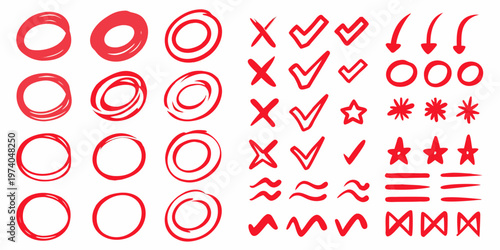 Collection of hand drawn red doodle shapes and markings on white
