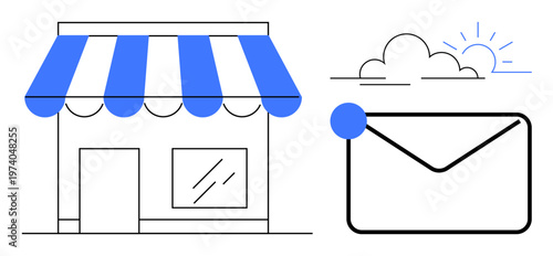 Entrepreneurship, e-commerce, marketing strategies, online communication, business growth, brand outreach. A storefront with a striped awning alongside an envelope. Entrepreneurship and e-commerce
