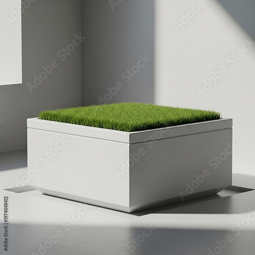 Modern minimalist planter with grass against a grey scale backdrop