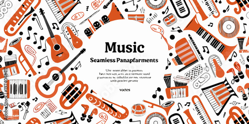 Colorful illustration featuring various musical instruments arranged in a circular pattern