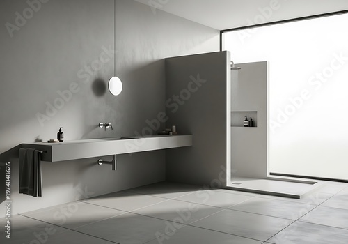 Modern bathroom interior with concrete elements and a minimalist design.
