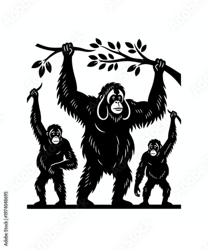 family of gorillas holding branch with leaves vector illustration
