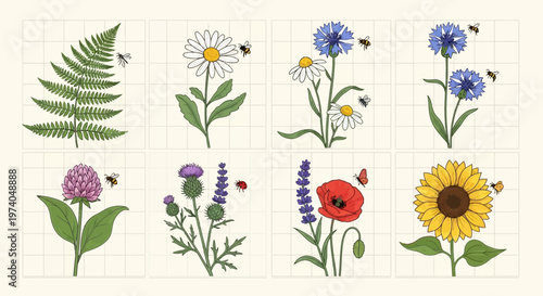 Variety of colorful flowers and plants with bees on a grid background