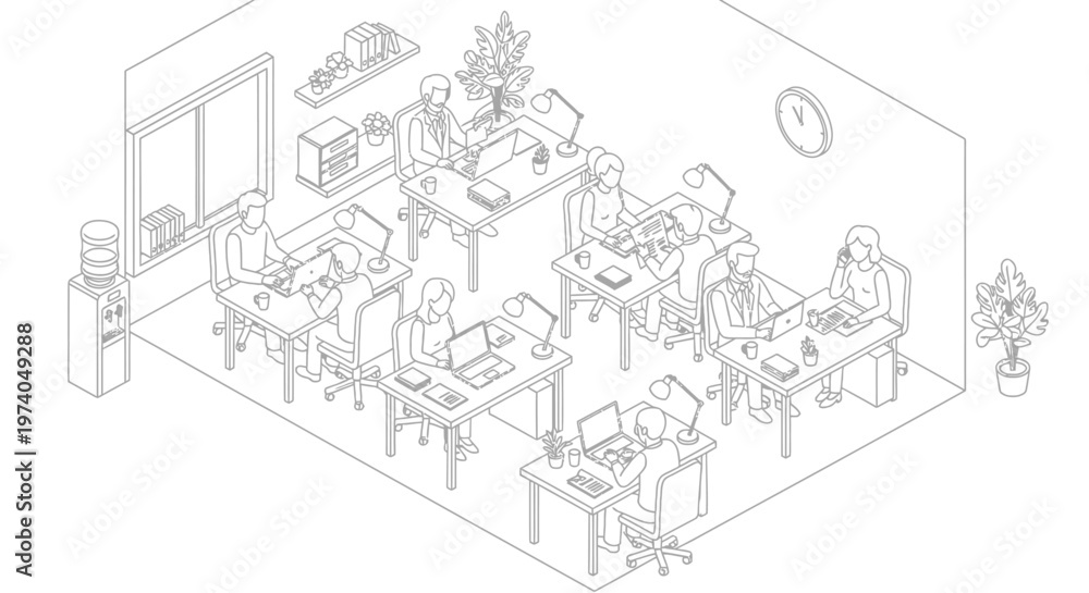 Obraz premium Isometric line art illustration of a busy modern office with multiple employees working at their desks.
