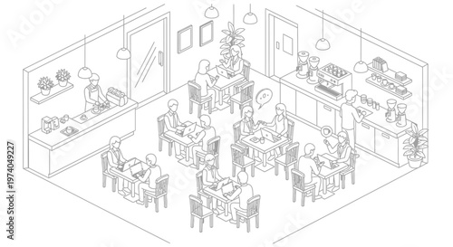 Isometric line art drawing of a bustling restaurant interior with diners and staff.