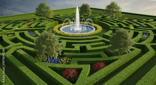 Intricate garden maze with fountain and colorful flowers in a serene outdoor setting