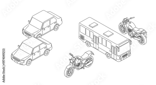 Isometric line art drawing of various vehicles including cars, a bus, and motorcycles, showcasing urban transportation.