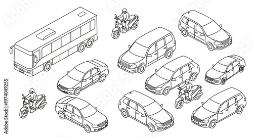 Isometric line art drawing of various vehicles and motorcycles.