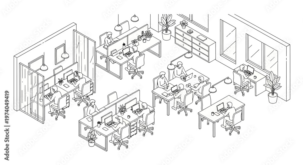 Obraz premium Isometric office interior with desks, computers, and chairs.