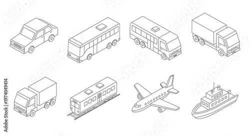 Isometric line art set of various transportation vehicles.