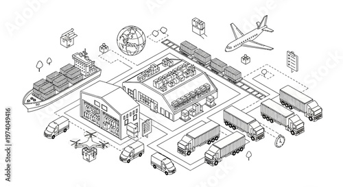 Isometric logistics and global transportation network illustration.
