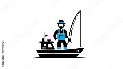 Fisherman Standing on Boat with Fishing Rod.