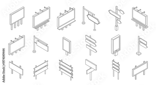 Isometric Outline Billboards and Road Signs Collection.