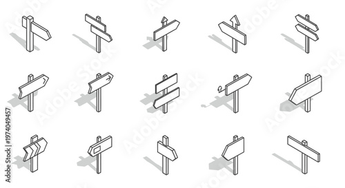 Isometric Outline Directional Signposts and Road Signs Collection.