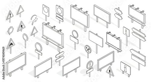 Isometric Outline Collection of Road Signs and Billboards.
