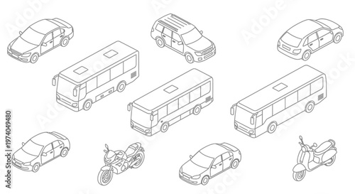 Isometric Outline Drawing of Various Vehicles - Cars, Buses, Motorcycles, and Scooters.