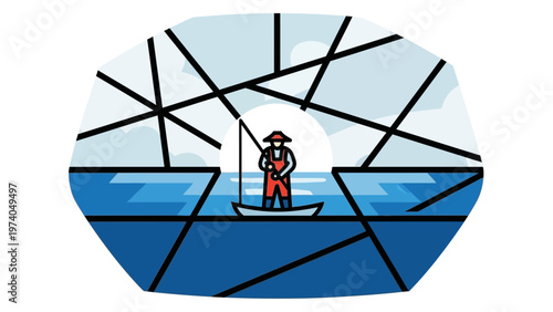 Fisherman Standing on Boat with Fishing Rod.