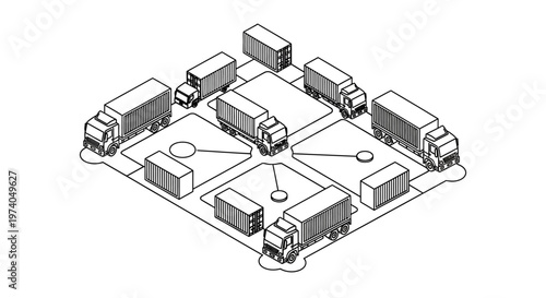 Isometric view of a logistics hub with trucks and containers.