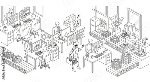 Isometric view of a modern office with people working on computers and robots assisting.