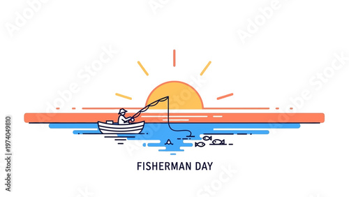 Fisherman Sailing Boat on Calm Water Surface.