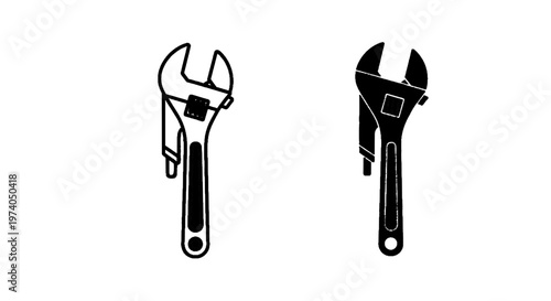 Vector illustration of adjustable wrench icon set, outline and solid vector illustration on a transparent background
