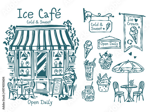 Hand drawn vector ice cream cafe sketch set with storefront facade, signage, outdoor tables and chairs, ice cream and cold drinks. Vintage doodle line art collection for bistro and small business