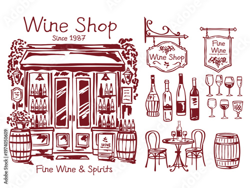 Hand drawn vector wine shop sketch set with storefront facade, wine bottles, glasses, barrel, signage, tables and chairs. Vintage doodle line art collection for bistro and small business