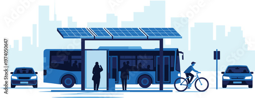 Solar powered bus stop illustration, sustainable urban transport concept with electric bus, renewable energy shelter, eco friendly city mobility and modern public transportation system