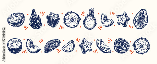 Hand-drawn whimsical vector fruit border set with tropical fruits: dragon fruit, carambola, papaya, passion fruit, mango, coconut, pineapple, kiwi. Fun, playful summer borders
