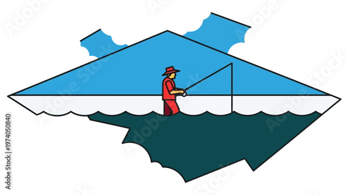 Man Fishing from Paper Boat on Water.