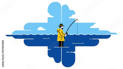 Man Fishing in Water with Rod.