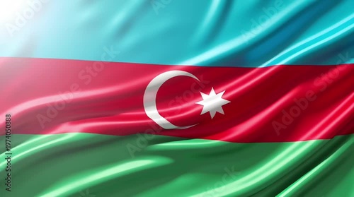 A close-up shot of the national flag of Azerbaijan, featuring its blue, red, and green horizontal stripes with a white crescent and eight-pointed star, rendered in a silky, waving fabric texture.
