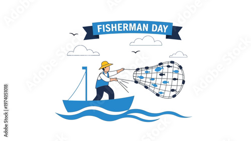 Fisherman on Boat Pulling Fishing Net.