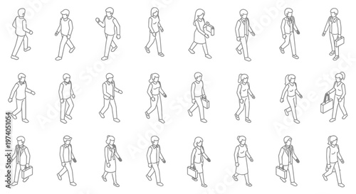 Diverse group of people walking in various poses, showcasing different styles and movements.