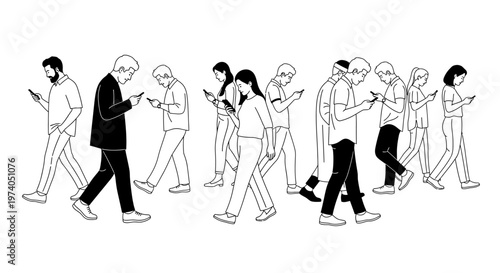 Diverse group of people walking while engrossed in their smartphones.