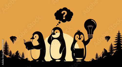 charming illustration featuring three penguins immersed in thought and learning against a snowy landscape one reading a book one pondering and one holding a lightbulb