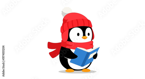 an adorable penguin character wearing a red winter hat and scarf while reading a book isolated on transparent background silhouette high quality professional detailed modern elegant
