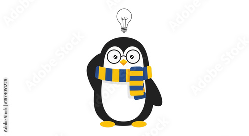a charming cartoon penguin wearing glasses and a striped scarf with a glowing lightbulb above its head on transparent background silhouette high quality professional detailed modern