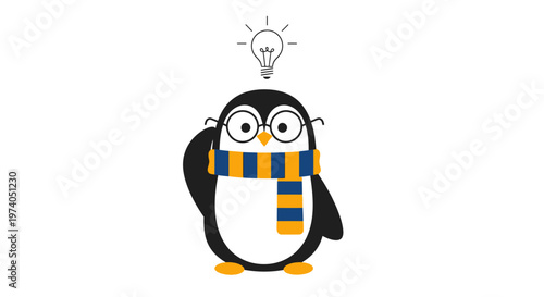 a charming penguin with glasses and a striped scarf illuminated by a glowing lightbulb above its head on transparent background silhouette high quality professional detailed modern