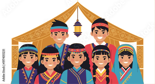 A cheerful group of indonesian people in traditional clothing standing in front of a tent a festive illustration on transparent background silhouette high quality professional detailed