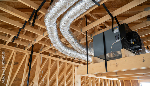 Ductwork ventilation system installed in new construction building. Building Construction & HVAC Systems