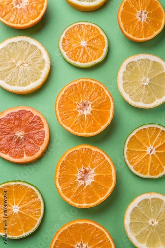 Pattern of slices oranges on green background