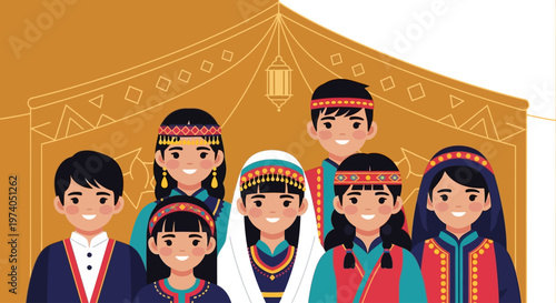 a group of smiling people wearing traditional middle eastern clothing with ornate patterns and headwear a festive scene on transparent background silhouette high quality professional detailed