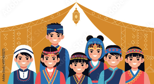 a vibrant illustration showcases a group of smiling children in traditional indonesian attire with a tent backdrop on transparent background silhouette high quality professional detailed modern