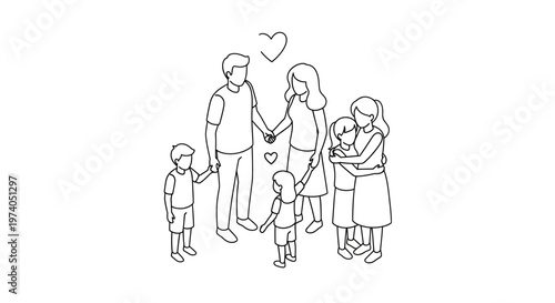 Happy Family Holding Hands with Children and Hearts Line Art.