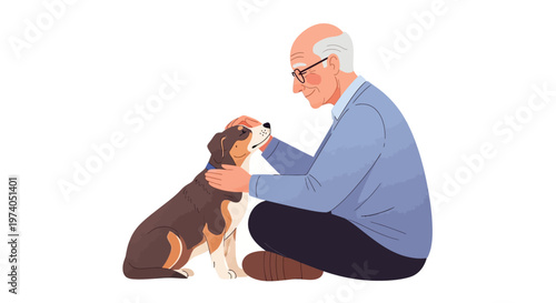 Vector art depicting a happy elderly man celebrating national pet day, gently petting his dog with excitement and a heartwarming sense of animal welfare, all against a clean white background