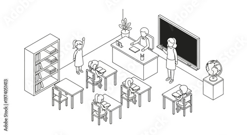 Isometric Classroom Scene with Students and Teacher Learning.