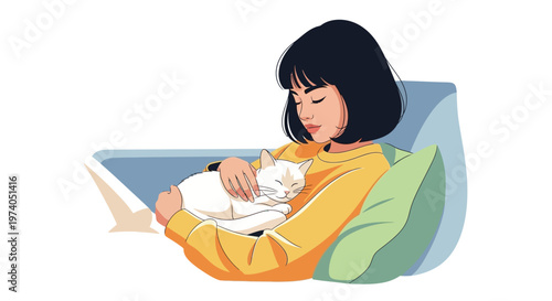 A cartoon-style illustration shows a serene young woman gently cradling her sleeping white cat on a sofa, celebrating animal welfare with a warm, inviting design against a clean white