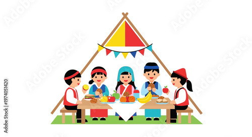 a cheerful group of children enjoying a picnic under a colorful tent with food and drinks on transparent background silhouette high quality professional detailed modern elegant